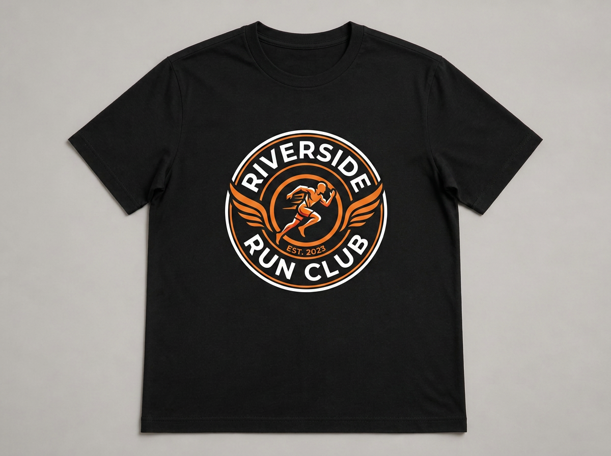 The same black t-shirt printed with a club crest logo