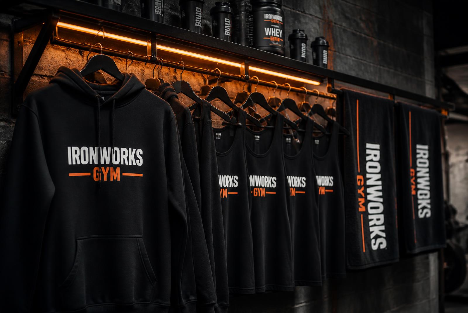 Gym merch rail with branded hoodies, vests and towels under orange lighting