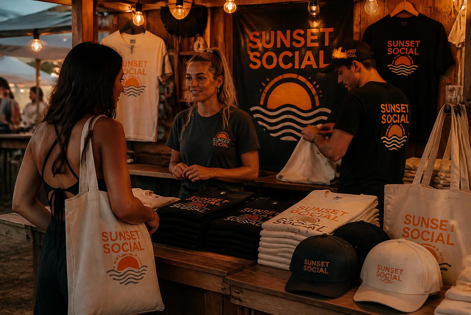 Festival merch stall at dusk selling branded tees, caps and tote bags